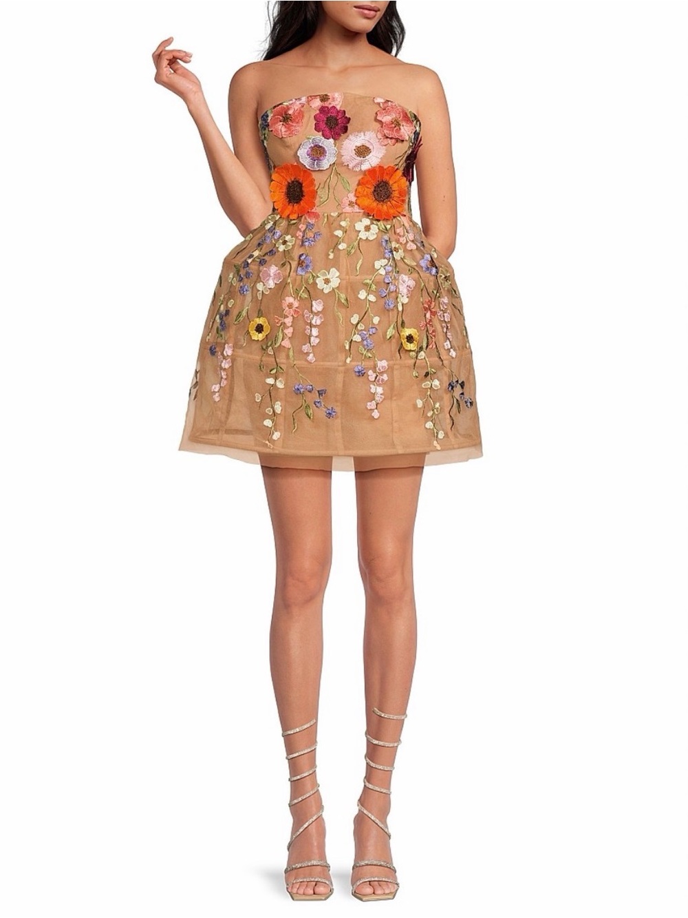 BCBGMaxAzria Strapless Tan Floral Embroidered appliqué Mini Dress